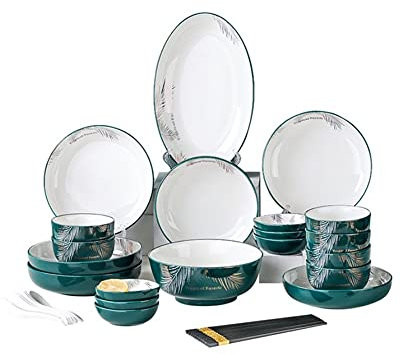 DUDSME Juego de vajilla de cerámica de 36 piezas, platos de cerámica combinados, juego de vajilla de porcelana para 8 cubiertos de plumas verdes oscuras