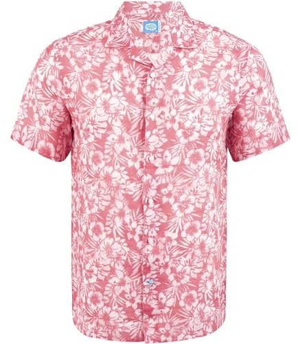Panareha Camicia Hawaiana Aloha da Uomo in Lino a Fiori Maui Rosso (M)