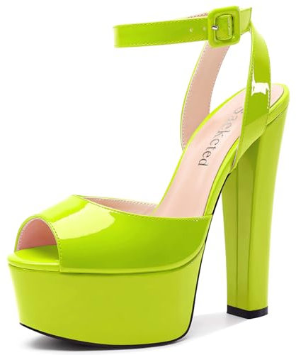 Saekcted Mujer Chunky Ancho Alto High Heel Abierta Punta Plataforma Sandalias Correa Tobillo Cierre con Hebilla Zapatos Baile Fiesta 15 CM Heels Verde Lima 35 EU