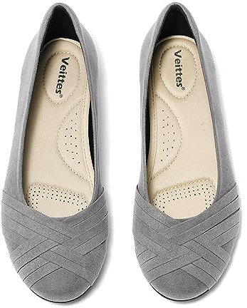 Veittes Women's Wide Width Flats Shoes - Classic Round Toe Slip-on Fashionable Ballet Shoes.(2109002-2310,GR/MF,UK8 Wide)