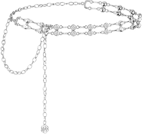 Amaxiu Ceinture en chaîne en strass pour femme, pour robe fleurs ceinture en métal, ceinture en cristal réglable, ceinture fine de mariage(argent)