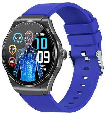 Knauermann PRO 3 (2024) Schwarz - Gesundheitsuhr Smartwatch mit Telefoniefunktion - EKG + HRV und SOS Funktion - AMOLED Display- BT Bluetooth - Schlafapnoe - Silikonband Blau, 14-24, rund
