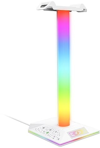 CRGANGZY Touch Control Charging Data Transmission RGB Headphone Display Rack Dual USB Ports Head Mounted Headphone Stand Rack for Universal Headphone (Black)
