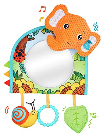 Jollybaby Baby-Autositz-Spielzeug, Kick and Play Activity Center mit Spiegel, Zahnen, Knitterpapier, Baby-Reisespielzeug für Autositz, einfacheres Reisen mit Neugeborenen (Orange Elephant)