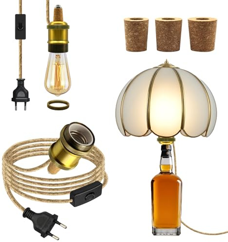 Lampenfassung für Flaschen, E27 Keramik Lampenfassung mit Kabel und Schalter 240cm,Messing Flaschenadapter Lampe mit Kabel Hanfseil, DIY Flaschenlampe Fassung für Tischlampe, Lampe für Flaschenhals