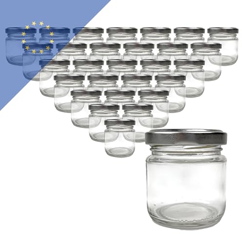 Verpackungsstadl 30 Stk. Einmachgläser 106 ml mit Twist-Off Deckel TO 53 silber – Luftdichte Marmeladengläser für Konfitüre, Gewürze & Honig – Spülmaschinengeeignet und wiederverwendbar