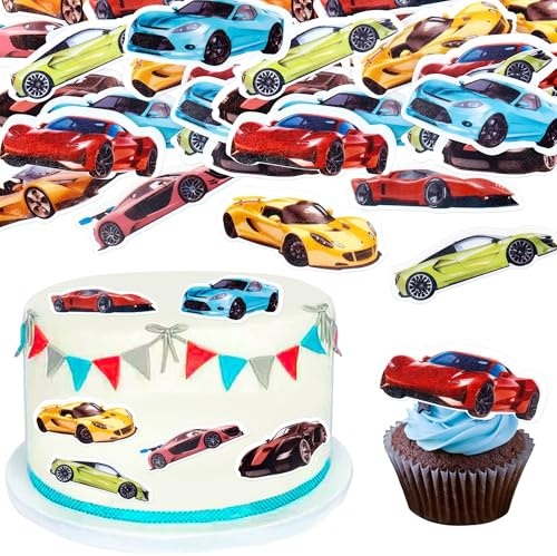 Blumomon 45 Stück Essbare Sportwagen Cupcake Toppers Superauto Kuchen Topper für Babyparty Kinder Rennwagen Geburtstagsfeier Kuchen Dekorationen Rennwagen Party Zubehör