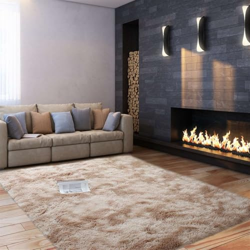 BESTORI Alfombra De Pelo Largo para Sala De Estar, Shaggy Alfombras Dormitorio Modernas, Tie-Dye Lavables Alfombra área Grande pie de Cama, Beige, 120x160 cm