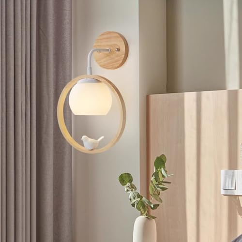 AoLa Holz Wandleuchte Innen Kreativ Vögel Wandlampe E27 Rund Design Moderne Industrial Nachttischleuchten Glas Lampenschirm Holz Sockel für Schlafzimmer Wohnzimmer Flur Treppenhaus