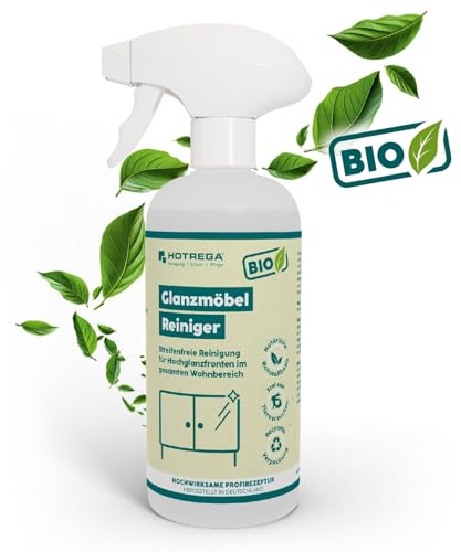 HOTREGA BIO Möbelreiniger 500ml | Möbelpflege für Hochglanzmöbel & Fronten | Streifenfreie Reinigung von Glas, Edelstahl oder Kunststoff | Anti-Finger-Print Effekt | Ideal für Küche & Bad | Vegan