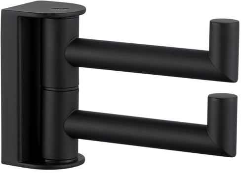 APLusee Swivel Towel Hook 2 Arms Matte Black, 304 Stainless Steel Bathroom Double Towel Holder, Folding Robe Hook Wall Mounted