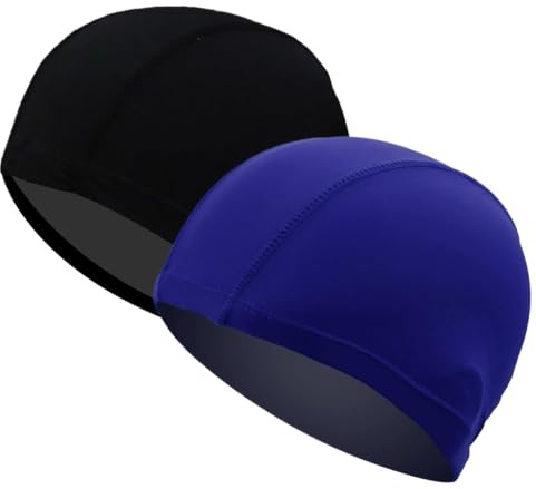 KEQAR Lot de 2 Bonnet de Bain Piscine, Haute Qualité, Extensible et Confortable, Convient aux Cheveux Longs, Enfants et Adultes, Enfant Tissu Polyester Souple, Bonnet de Natation (Noir + Bleu Marine)