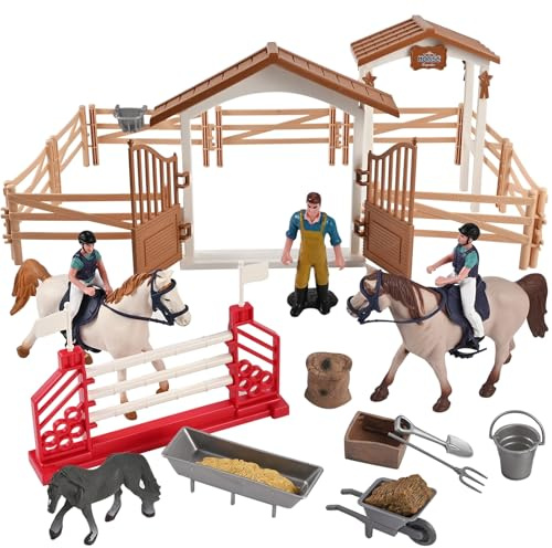 Horse Stable Playset - Horse Toys, Pretend Play with Rider, Fence, Wash Area, Animal Figures, Gifts for Girls & Boys 3-12