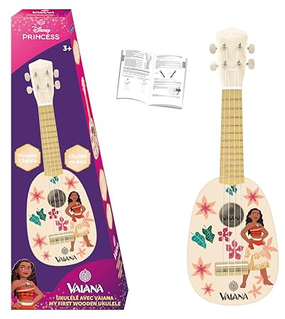 Lexibook, Disney Vaiana, Il mio primo ukulele in legno, 4 corde in nylon, 53 cm, guida inclusa, Blu, K230VN