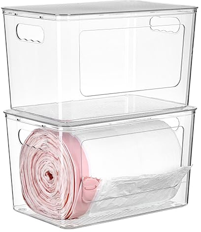 Vtopmart 2 Pack Trash Bag Holder, Stackable Garbage Bag Dispenser for 13/30/33 Gallon Bags, Clear Organizer Bins for Under Kitchen Sink, Laundry Room Organization and Storage