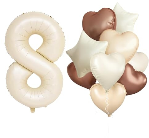 Luftballon 8. Geburtstag,Beige Geburtstagsdeko 8 Jahr mit Riesen folienballon 8 Cream Aprikose Braun Herz Stern Folienballons für 8. Geburtstag Junge Mädchen Geburtstagdeko Party