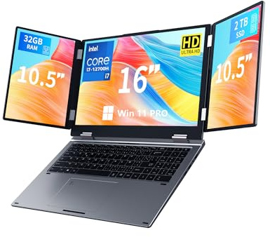 KOOFORWAY Triple Screen Laptop,16” Main + Dual 10.5” Monitors, Core i7-1270P, 32GB RAM,2TB SSD, Win 11 Pro,Wi-Fi 5,BT 5.0,Face & Fingerprint Unlock,USB-C,HDMI for Business/Design/Stock Trading