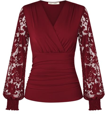 GRACE KARIN Femme Vintage Rétro Dentelle Haut 1980 Festif Cocktail Plissé Cache-Belly Top Rouge foncé S