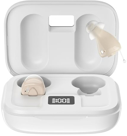 Invisible Hearing Amplifier for Adults with Intelligent Noise Cancellation, Hearing Amplifier for Seniors with Clear Sound, Super-Mini Design Comfort Fit in Ear Canal (Beige)