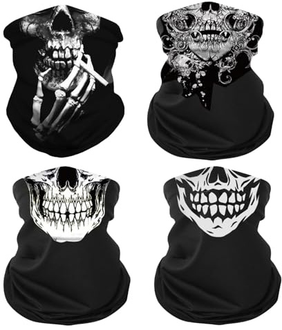 BbiuRer Lot de 4 masques tête de mort, masques squelette, écharpe tubulaire multifonctionnelle, foulard moto pour homme, masque intégral pour Halloween, masque crâne respirant pour l'extérieur