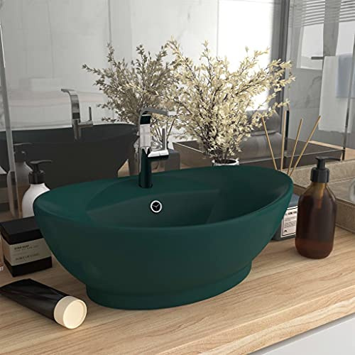 Lavabo ovale avec robinet et trop-plein, Vasque à Poser Monter, Convient pour Salle de Bain Intérieur, Cabine de Toilette, Vert foncé mat 58,5x39 cm Céramique