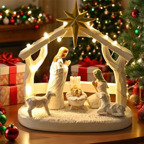 HOVCEH Nativity Scene Set Light up, Nativity Scene with Lights, Christmas Nativity Sets, Cribset Christmas with Manger, Nativity-Figures, Christ-mas Decoration for Indoor, Living Room, Tabletop, Resin