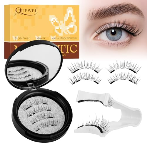 QUEWEL Magnetische-Wimpern Set, 1 Paar Magnet-Wimpern mit Applikator, einfach anzubringen und zu entfernen, kein Kleber erforderlich, wiederverwendbare Magnetische Wimpern natürlicher Look (03-DH01)