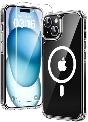 TAURI für iPhone 15 Plus Hülle 6,7 mit Schutzfolie - Durchsichtig | Kompatibel mit MagSafe, Schutz nach Militärstandard, [Anti-Vergilbung] Stoßfest Magnetisch Handyhülle