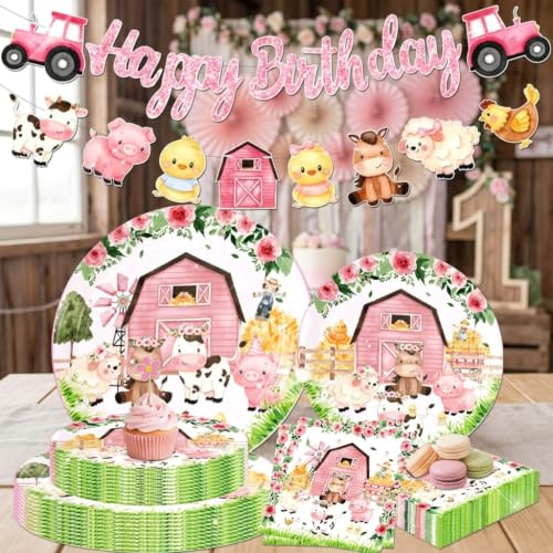 JeVenis assiettes party rose en carton avec animaux de ferme vaisselle | assiettes party rose en carton avec animaux de ferme vaisselle jetable banniere anniversaire ferme accessoires pour un