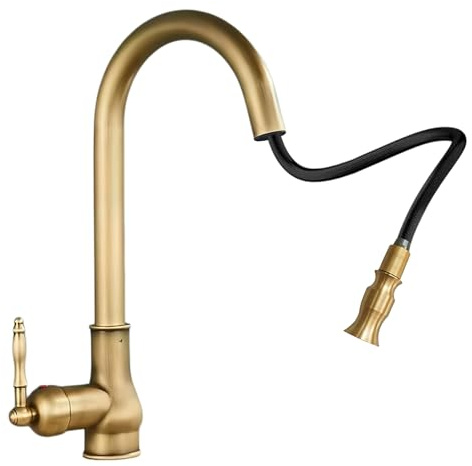 KOPYFANTAP Retro Robinet de Cuisine Extensible Laiton Antique, Haut Arc | Vintage Mitigeur Mélangeur Evier avec Douchette, Pivotant à 360°, Eau Chaude et Froide, pour Cuisine Évier Simple ou Double