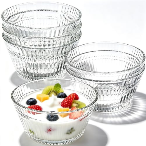 FTISSLY Set 6 Cuencos de Cristal para Postres Boles Pequeños de 320ml con Ondas Estriadas Transparente Juego Recipientes de Vidrio para Cocina para Helado Aperitivos Embalaje Reforzado Anti Rotura
