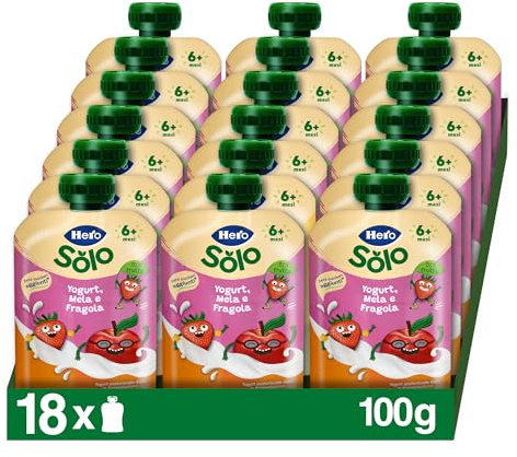 Hero Solo Pouch Yogurt Mela e Fragola, Bimbi 6+ Mesi, 18x100g | Senza zuccheri aggiunti, senza glutine, con yogurt, frutta frullata, purea, merenda bimbi scuola, pouch monodose