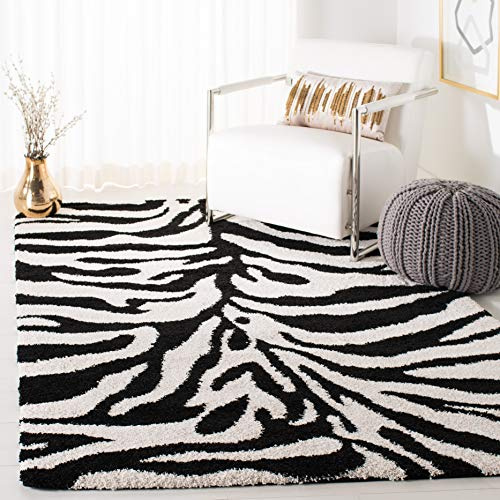 SAFAVIEH Tapis Shag Pour Salon, Salle à manger, Chambre à coucher - Florida Shag Collection, Tapis à poil long, Ivoire et noir, 122 X 183 cm