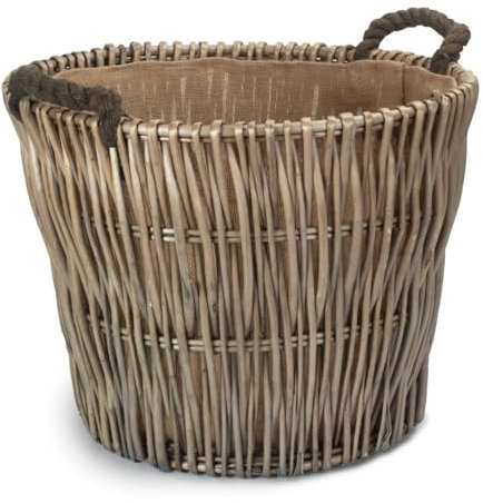 Red Hamper Round Grey Hessian Lined Log Basket, Wicker, Brown, H50 x W50 x D56cm