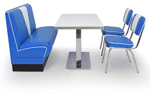 möbelland24 American Diner Sitzgruppe: Sitzbank V 120cm + Diner Tisch + 2X Retro Stuhl blau