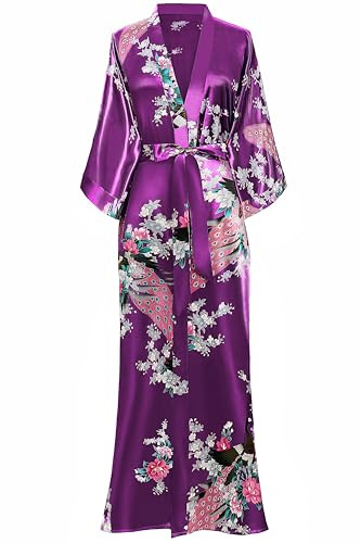 BABEYOND Women's Kimono Robe Long Satin Silky Robes with Peacock and Blossoms Printed Kimono Nightgown