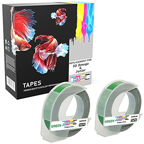 2 Compatible S0898160 White on Green 9mm x 3m Embossing Label Tapes Replacement for 3D Omega and Junior Label Makers
