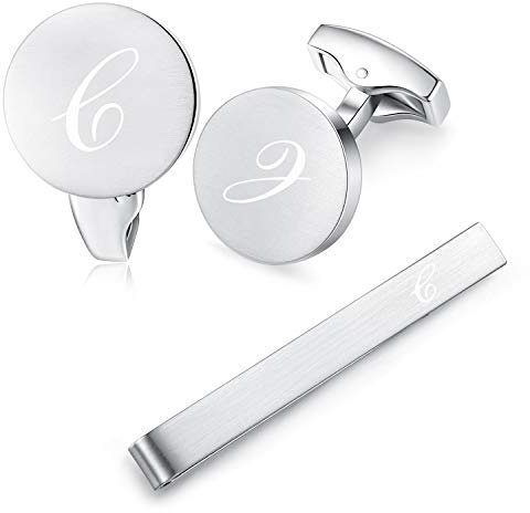 HONEY BEAR Manschettenknöpfe Krawattennadel Set Initialen Buchstabe Herren Edelstahl Hochzeit Cufflinks Manschettenknopf Silber (C Set)