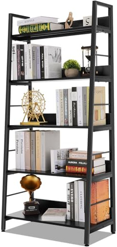 Himimi Black Ladder Bookshelf, 5 Shelf Bookcase Industrial Bookshelf Wood and Metal Bookshelves, Plant Flower Stand Rack Book Storage Shelves for Living Room, Bedroom, Home Office