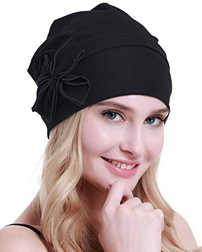 osvyo Baumwolle Chemo-Turbane Kopfbedeckung Beanie Mütze Kappe für Frauen Krebs Patienten Haarausfall SCHWARZ