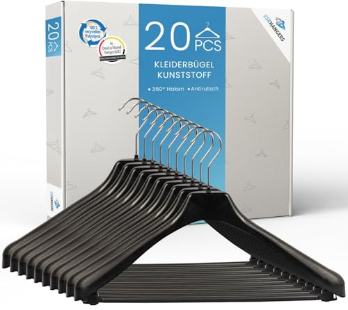 RSR Hangers Kleiderbügel 20 Stück Anzugbügel 2- Teiler Jackenbügel Sakkobügel EU 45 cm Schwarz mit Hosensteg | Blazer | Kunststoff | 360° drehbarer Haken| Anti-Rutsch | Schwarz | breite Schultern