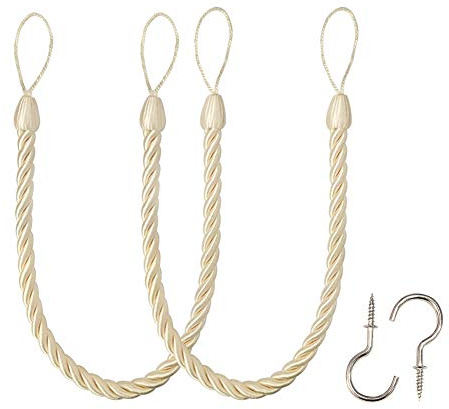 BEL AVENIR Curtain Ropes Tiebacks Tie-Backs, Curtain Handmade Holdbacks with 2 Metal Screw Hooks (Beige, 2pack)