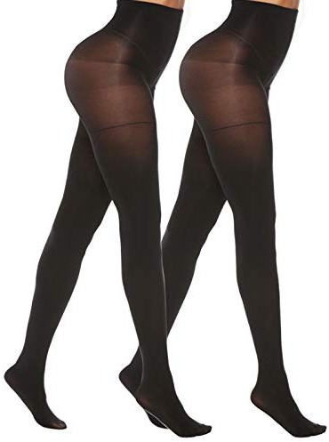 MANZI 2 Pairs Black 70 Denier Control Top Tights Stretch Run Resistant Opaque Support Tights for Women-Small