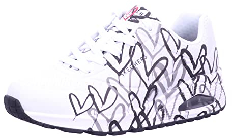 Skechers Damen Sneakers, White W Black and Grey Heart Print Durabuck, 39 EU