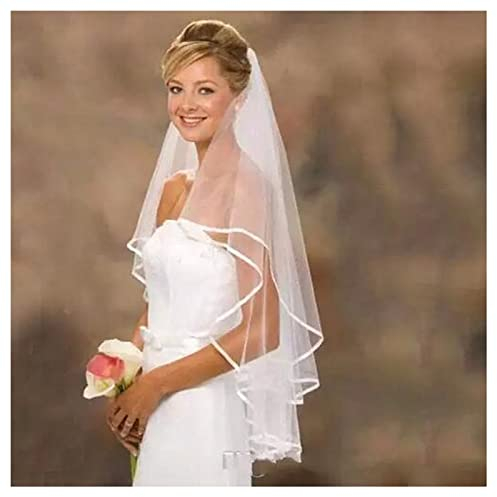 Dishowme 2 Ebenen Hochzeitsschleier Mit Band, Kathedrale Kopf Schleier, Weiche Tüll Schnitt Rand Fingerspitze Haarschmuck Mit Kamm für Braut Junggesellinnenabschied (Weiß A)