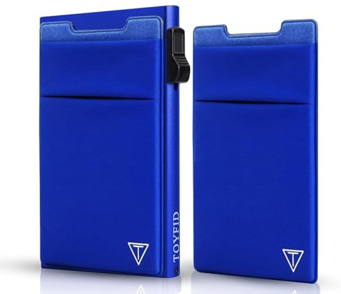 TOYFID Blaues Aluminium Pop-up Slim Card Wallet, RFID | Pop-up-Kartenhalter mit Geldscheinfach. Lycra-Bezug. Bonus-Tuch. Automatischer Auswurf. RFID-Schutz.