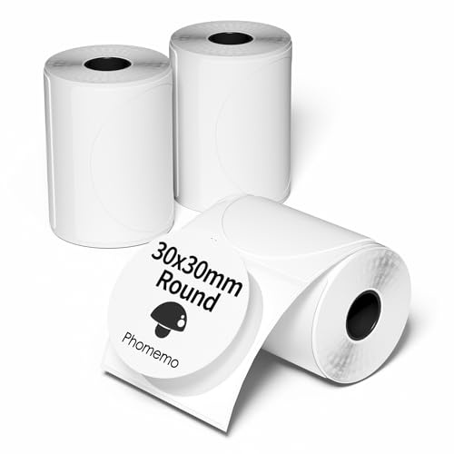 Phomemo 3 Rollen Runde Selbstklebende Etiketten für M110, 30x30mm, 600 PCS | Phomemo Runde Wasserfestes Selbstklebendes Thermo Etiketten für M110/M220/M108/M221, für Schule, Heim, Büro, Weiß