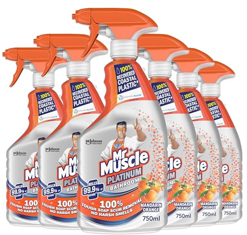 Mr Muscle Bathroom Cleaner, Platinum Antibacterial Bathroom Spray, Mandarin, Pack of 6 (6 x 750ml)