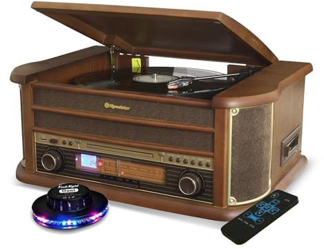 gef-roy Platine Vinyle Roadstar HIF-1993BT 33-45-78 TRS, 2 Enceintes 32W PMPO, CD, USB, Bluetooth, FM Radio, Cassette, en Bois, Ovni
