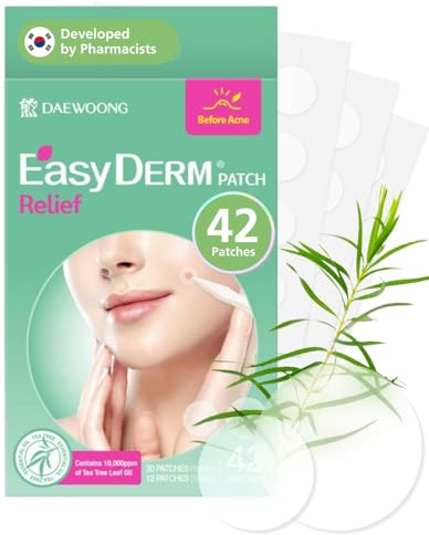 EasyDerm Relief Invisible Patch(42 counts) I Contains 10,000ppm of Tea Tree Oil, Pimple Patch, Ultra-slim 0.1mm, Waterpoof, Korean Pimple Patches Stocking Stuffer Holiday Gift MUST HAVE